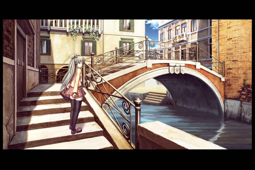 aria, bag, black_legwear, blue_eyes, bridge, canal, gotoo_(acqua), green_hair
