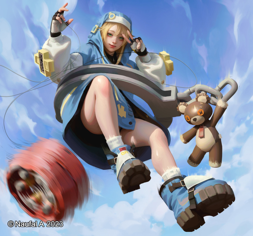 1girl, absurdres, androgyne_symbol, bike_shorts, black_gloves, blonde_hair, bridget_(guilty_gear), clouds