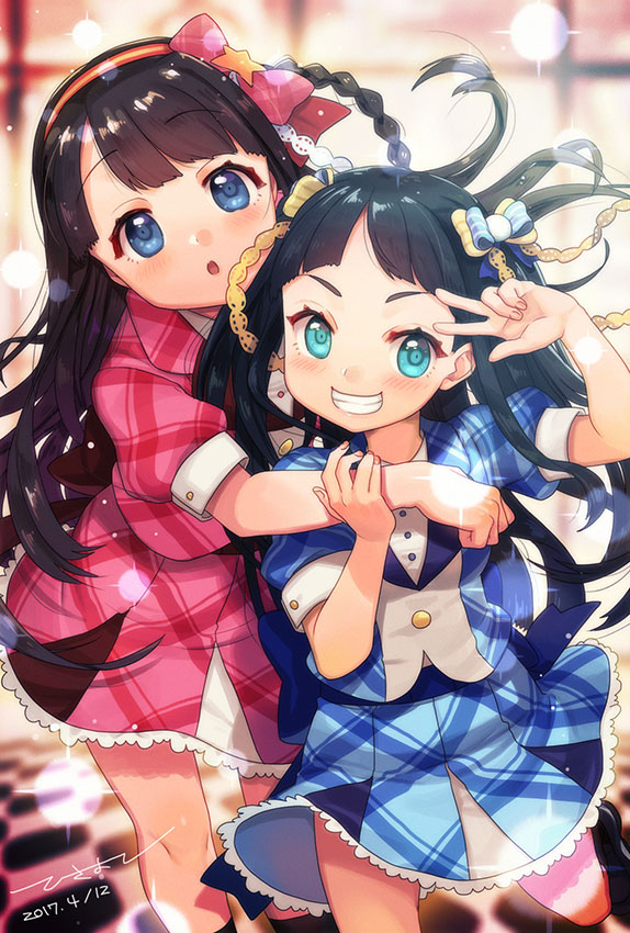 2017, 2girls, amamiya_ruri, bangs, black_hair, blue_eyes, blue_shirt, blue_skirt