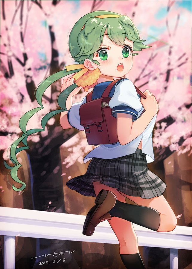 1girl, black_socks, blue_sailor_collar, cherry_blossoms, ensemble_girls!, green_eyes, green_hair, harukaze_nana