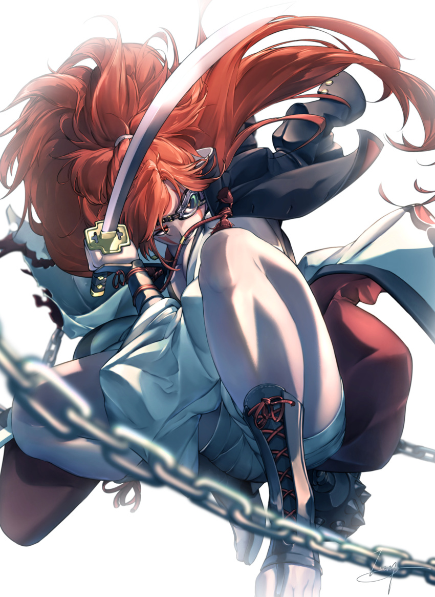 absurdres, amputee, baiken, big_hair, black_jacket, black_kimono, breasts, eyepatch, facial_tattoo, guilty_gear, guilty_gear_strive, highres, jacket, jacket_on_shoulders, japanese_clothes, katana, kimono, large_breasts, long_hair, multicolored_clothes, multicolored_kimono, one-eyed, open_clothes, open_kimono, ponytail, red_eyes, redhead, samurai, sandals, sword, tattoo, teppu_tora, weapon, white_kimono