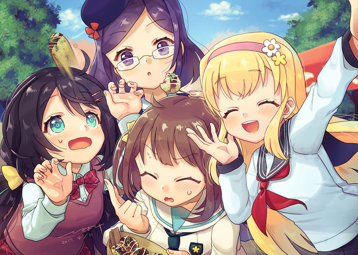 4girls, black_hair, blonde_hair, blue_eyes, blue_sky, blush, closed_eyes, ensemble_girls!