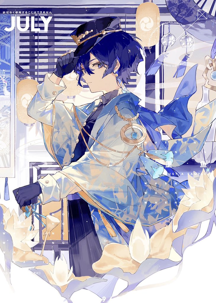 1boy, black_gloves, blue_eyes, blue_hair, closed_mouth, earrings, facing_to_the_side, genshin_impact, gloves, hat, jacket, japanese_clothes, jewelry, july, long_sleeves, looking_at_viewer, male_focus, nokoyayaya, peaked_cap, scaramouche_(genshin_impact), short_hair, solo, white_background, white_jacket