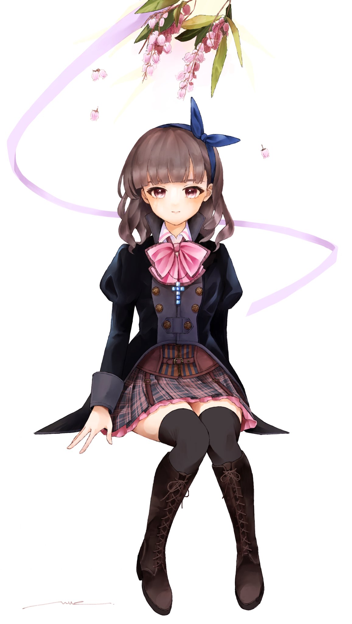 1girl, amahara_nue, arms_at_sides, artist_name, assault_lily, bangs, belt, black_skirt, black_thighhighs, blue_bow, blue_hairband, blunt_bangs, boots, bow, bow_hairband, bowtie, brown_belt, brown_footwear, brown_hair, buttons, closed_mouth, collared_shirt, commentary, corset, cross, cross-laced_footwear, cross_necklace, flower, frilled_skirt, frills, full_body, hair_bow, hairband, high_collar, highres, invisible_chair, jewelry, juliet_sleeves, knee_boots, knees_together_feet_apart, kuroki_francisca_yuria, lace-up_boots, light_smile, long_sleeves, ludvico_private_girls'_academy_school_uniform, medium_hair, miniskirt, necklace, pink_bow, pink_bowtie, pink_eyes, pink_flower, plaid, plaid_skirt, puffy_sleeves, school_uniform, shirt, signature, sitting, skirt, solo, thigh-highs, wavy_hair, white_background, white_shirt, zettai_ryouiki