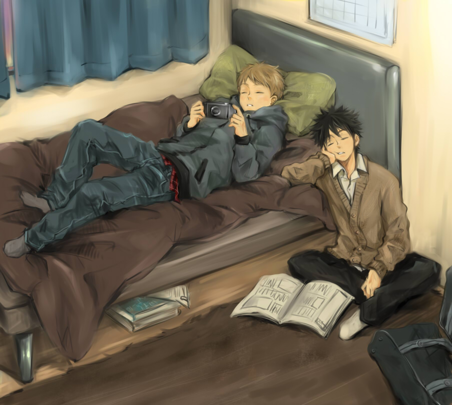 abe_takaya, bed, bedroom, character_request, closed_eyes, ichii_(jessie), multiple_boys, ookiku_furikabutte, playstation_portable, product_placement, psp, sakaeguchi_yuuto, sleeping, socks