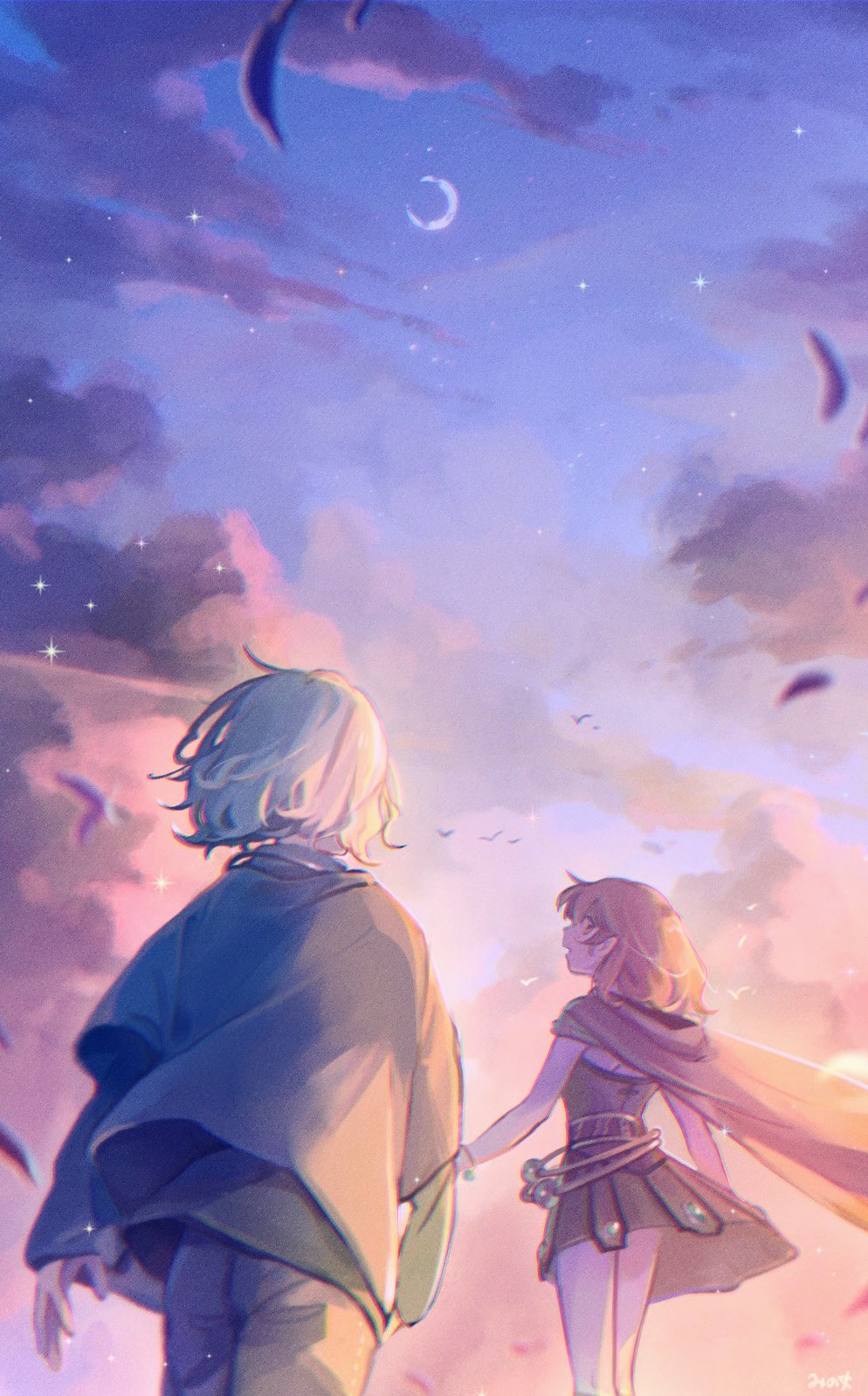 1boy, 1girl, artist_name, avanna, belt, blonde_hair, bracelet, brown_hair, cape, clouds, cloudy_sky, crescent_moon, from_behind, gem, highres, jewelry, layered_shirt, long_sleeves, looking_back, mi_no_take, moon, po-uta, pointy_ears, short_hair, sky, sunset, vocaloid, walking