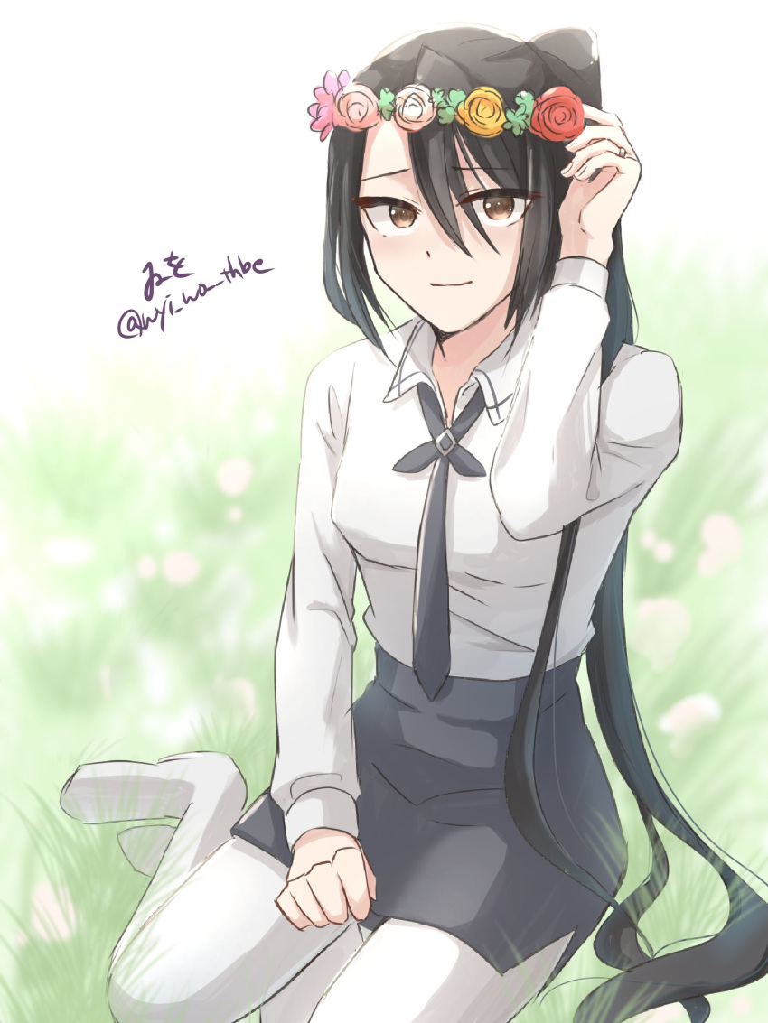 1girl, absurdly_long_hair, artist_name, black_hair, black_skirt, brown_eyes, collared_shirt, dress_shirt