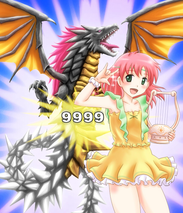\m/, blush, bracelet, damage_numbers, dragon, dress, female, final_fantasy