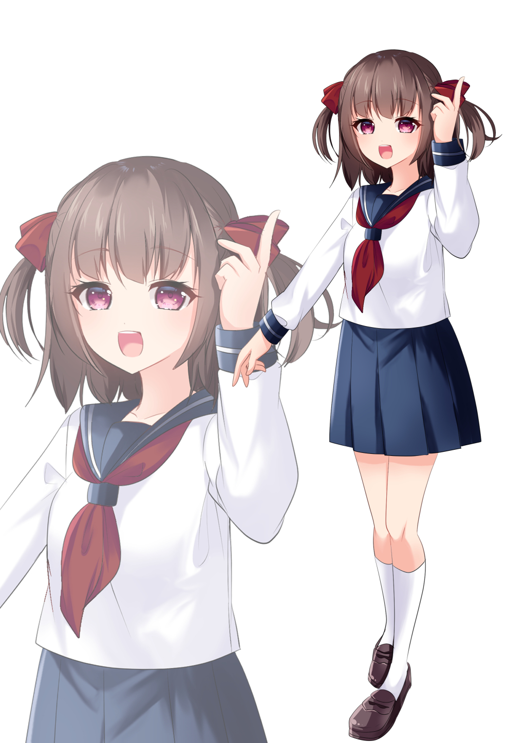 1girl, :d, arm_up, blue_sailor_collar, blue_skirt, bow, breasts, brown_footwear