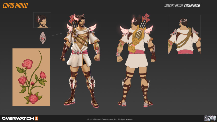 1boy, 2023, arm_tattoo, artist_name, beard, bow_(weapon), bracelet, brown_hair, ceciclia_deyne, closed_mouth, concept_art, cupid, cupid_hanzo, english_commentary, english_text, facial_hair, flower, full_body, hanzo_(overwatch), heart, highres, jewelry, logo, looking_to_the_side, male_focus, nipples, official_alternate_costume, official_art, overwatch, overwatch_1, overwatch_2, pink_flower, pink_headwear, pink_rose, pink_wings, rose, solo, standing, tattoo, toes, valentine, weapon, wings