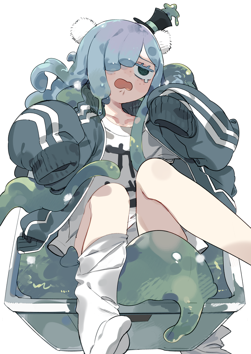 1girl, bangs, blue_hair, collarbone, commentary_request, green_eyes, hair_ornament, hair_over_one_eye