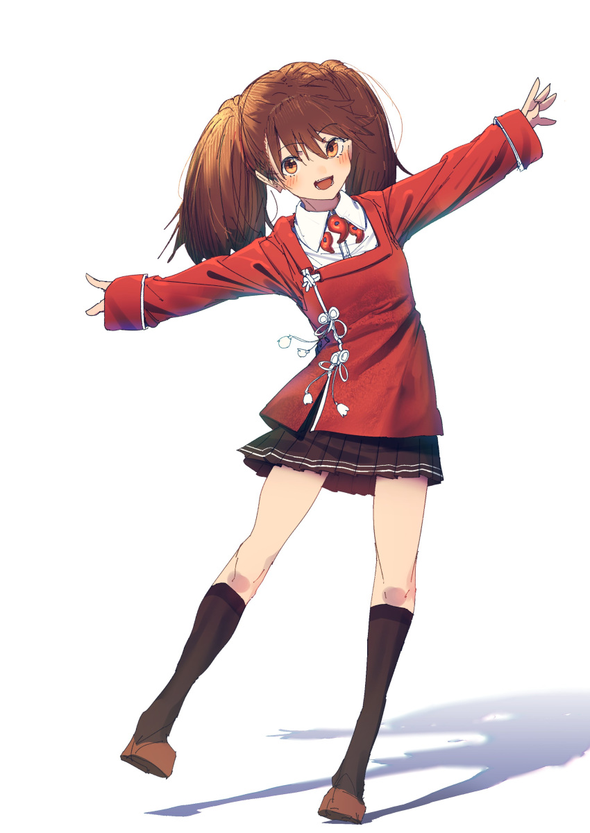 1girl, absurdres, black_skirt, black_socks, brown_eyes, brown_hair, collared_shirt, dress_shirt
