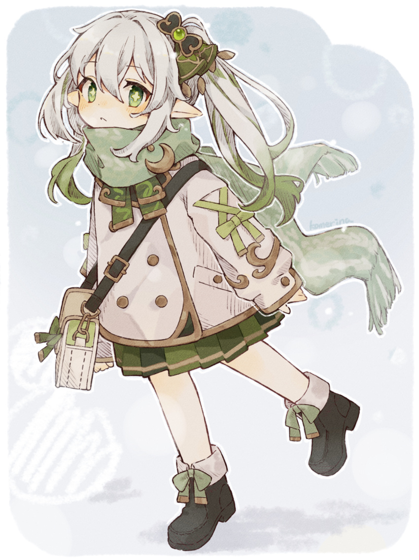 1girl, bag, bangs, bow, coat, cross-laced_clothes, cross-laced_sleeves, cross-shaped_pupils, female_child, genshin_impact, gradient_hair, green_bow, green_eyes, green_hair, green_scarf, green_skirt, hair_between_eyes, highres, komerina, long_hair, multicolored_hair, nahida_(genshin_impact), pleated_skirt, pointy_ears, satchel, scarf, shoulder_bag, side_ponytail, skirt, solo, standing, standing_on_one_leg, symbol-shaped_pupils, white_coat, white_hair