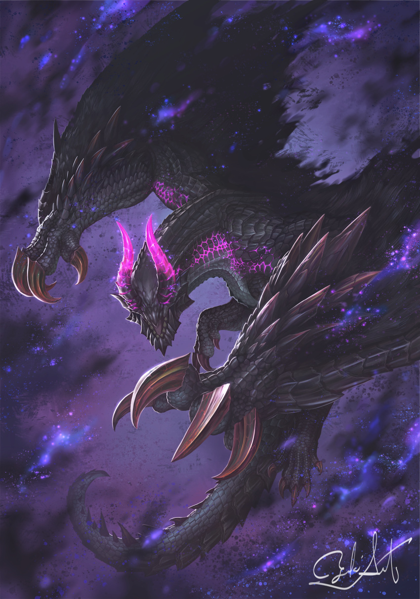 black_background, black_wings, claws, dragon, dragon_horns, gore_magala, gradient_background, highres