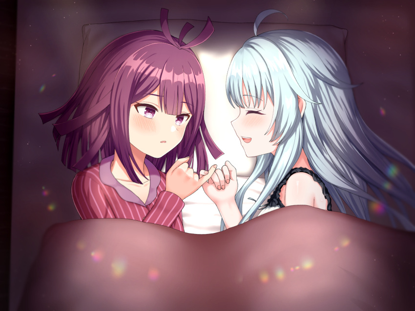 2girls, :d, ahoge, alternate_costume, antenna_hair, bangs, blue_hair, blunt_bangs