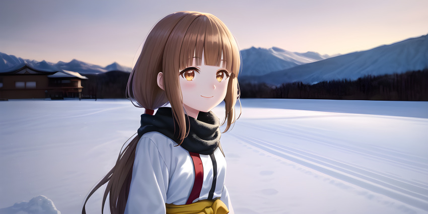 1girl, awwesomeai, bangs, blunt_bangs, blush, brown_eyes, brown_hair, eyebrows_visible_through_hair, iino_miko, jacket, kaguya-sama_wa_kokurasetai_~tensai-tachi_no_renai_zunousen~, landscape, long_hair, looking_at_viewer, mountain, mountainous_horizon, outdoors, scarf, scenery, sidelocks, sky, smile, snow, solo, sunset, upper_body, winter