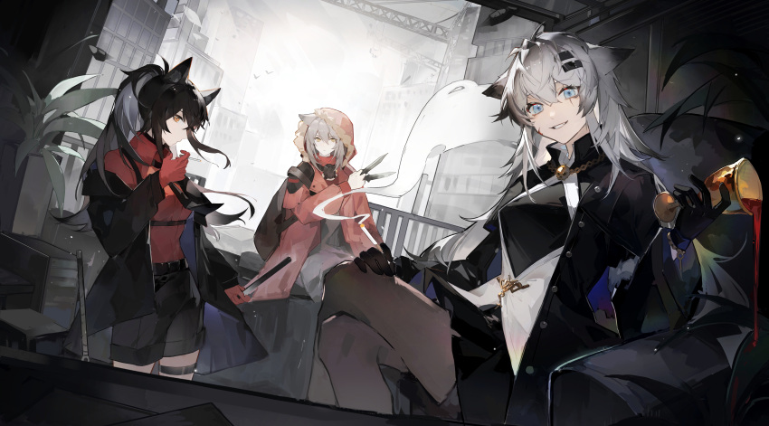 3girls, absurdres, animal_ear_fluff, animal_ears, arknights, bird, black_bag, black_gloves