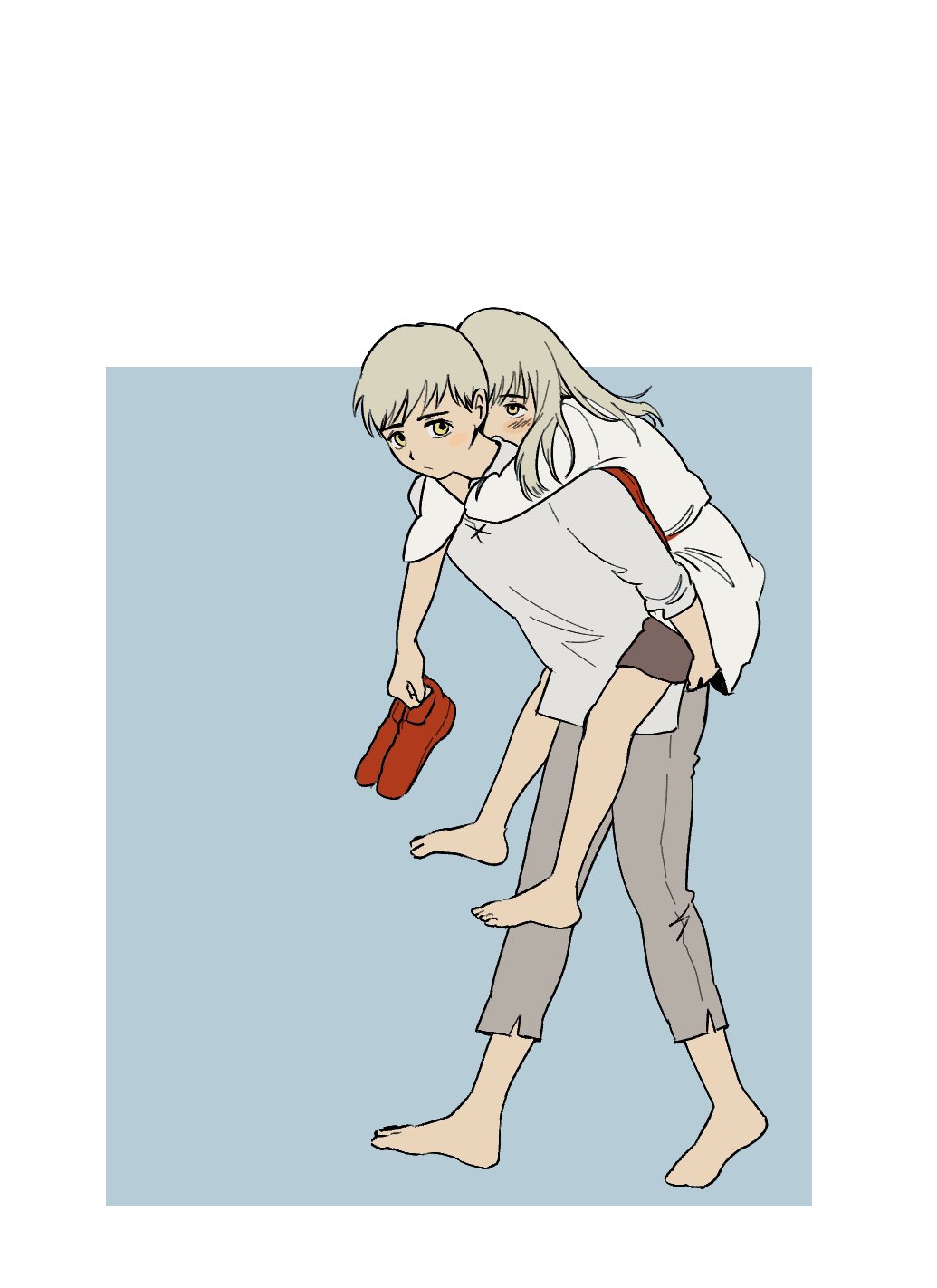 1boy, 1girl, aged_down, arm_around_neck, bare_arms, barefoot, blue_background, brother_and_sister