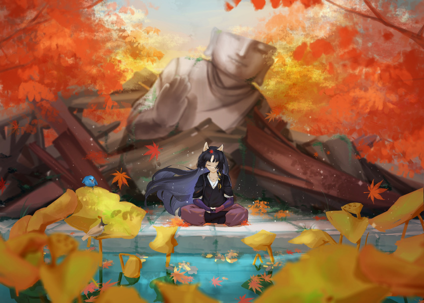 1girl, absurdres, animal_ears, arknights, autumn_leaves, bird, black_hair, black_kimono, blue_bird, braid, chinese_commentary, closed_eyes, closed_mouth, collarbone, commentary_request, day, dog_ears, elbow_gloves, facial_mark, falling_leaves, fingerless_gloves, floating_hair, flower, forehead_mark, gloves, hair_ribbon, highres, japanese_clothes, kimono, leaf, leaf_on_head, long_hair, lotus, maple_leaf, meditation, mriyak, outdoors, pants, puffy_pants, purple_gloves, purple_pants, ribbon, ruins, saga_(arknights), single_braid, sitting, sky, smile, solo, statue, water, wide_shot, yellow_flower, yellow_ribbon