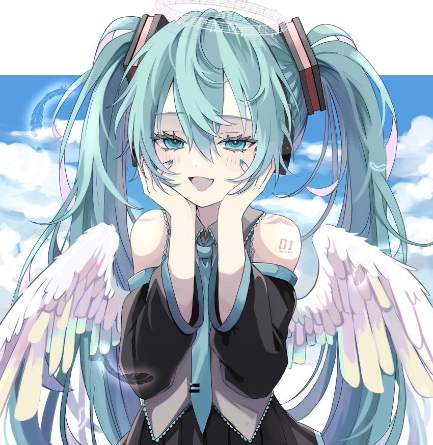 1girl, 39, :d, angel_wings, aqua_eyes, aqua_hair, aqua_nails, aqua_necktie