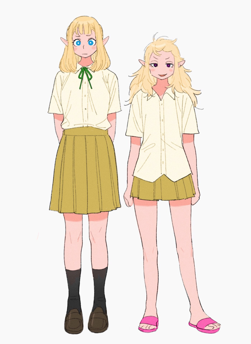 2girls, alternate_costume, arms_at_sides, arms_behind_back, bare_arms, bare_legs, black_socks, blonde_hair