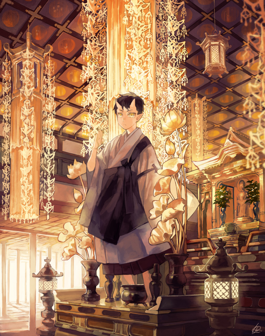 1boy, absurdres, arm_at_side, bangs, barefoot, black_hair, blurry, ceiling