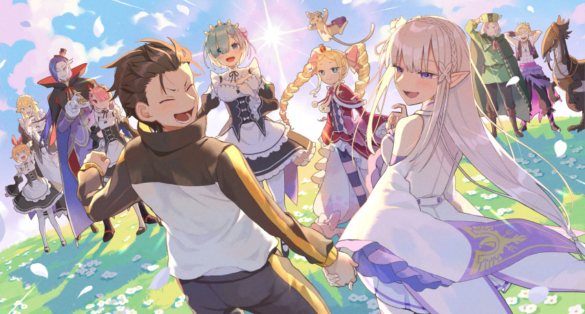 4boys, 6+girls, :d, bangs, bare_shoulders, beatrice_(re:zero), black_footwear, blonde_hair