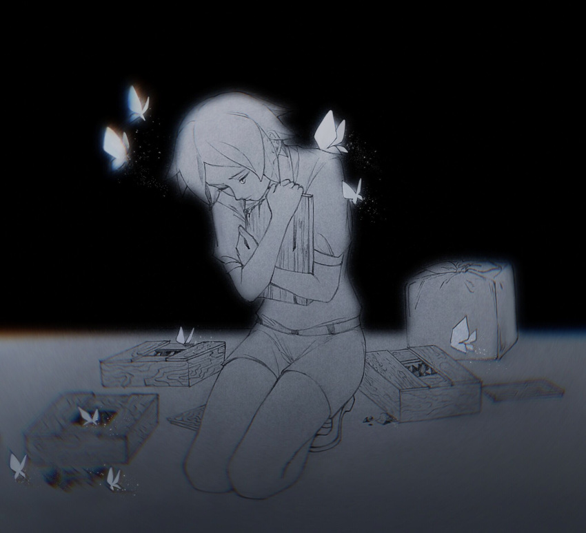 1other, androgynous, animal_on_shoulder, ascot, bamehus, bangs, bare_arms, belt, black_necktie, blue_eyes, blue_hair, blurry, bowl_cut, box, butterfly_on_shoulder, closed_eyes, crying, crystal, cube, depth_of_field, full_body, gem_uniform_(houseki_no_kuni), glowing, golden_arms, hands_up, heterochromia, highres, houseki_no_kuni, kneeling, light_particles, monochrome, moon_uniform_(houseki_no_kuni), morning, necktie, object_hug, other_focus, phosphophyllite, phosphophyllite_(ll), puffy_short_sleeves, puffy_sleeves, see-through, see-through_sleeves, shards, shoes, short_hair, short_sleeves, shorts, solo, spoilers, white_ascot, white_eyes, wide_sleeves
