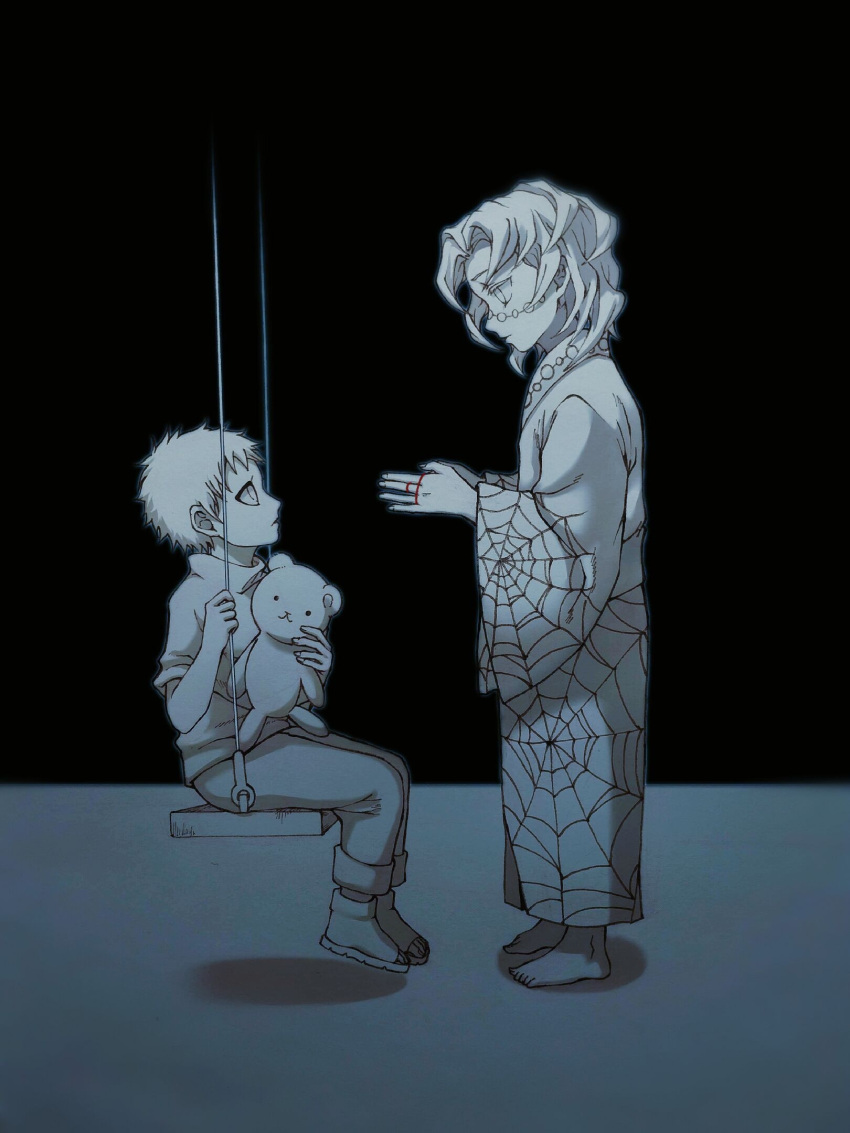 2boys, aged_down, bamehus, bangs, barefoot, cat's_cradle, child, commentary_request, empty_eyes, eye_contact, eyeliner, facial_mark, full_body, gaara_(naruto), highres, holding, holding_stuffed_toy, japanese_clothes, kimetsu_no_yaiba, kimono, long_sleeves, looking_at_another, looking_away, makeup, male_child, male_focus, monochrome, multiple_boys, naruto, naruto_(series), pants, rui_(kimetsu_no_yaiba), sandals, short_hair, sitting, spider_web_print, standing, string, stuffed_animal, stuffed_toy, swing, teddy_bear, turtleneck