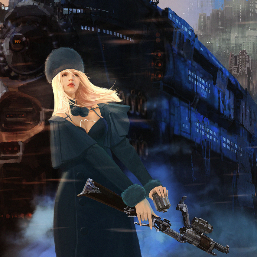 1girl, blonde_hair, bluredge, building, cityscape, cloak, dress, energy_gun