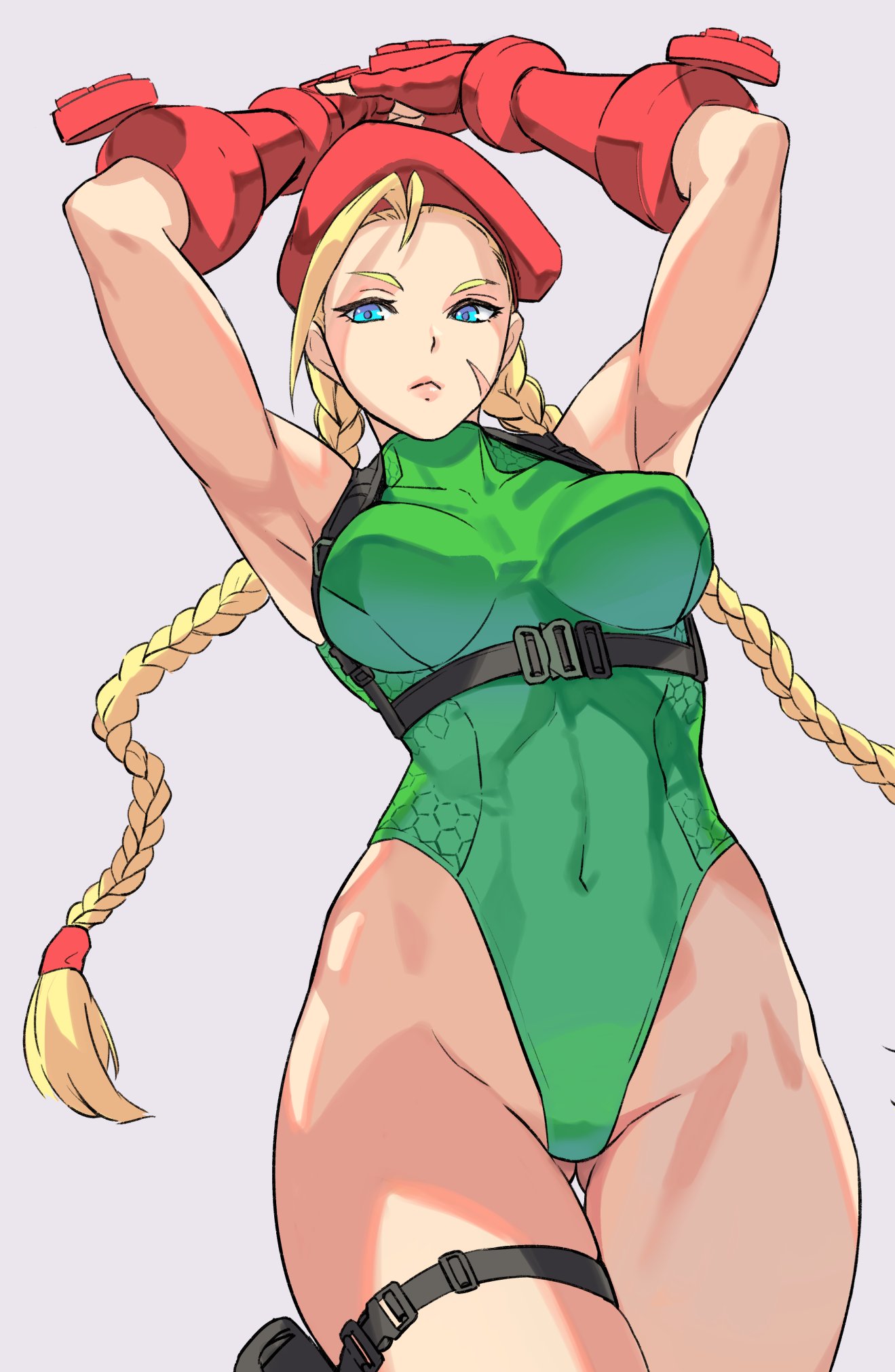 1girl, amados, antenna_hair, armpits, arms_up, ass_visible_through_thighs, beret, blonde_hair, blue_eyes, braid, breasts, cammy_white, covered_navel, gloves, green_leotard, hat, highres, large_breasts, leotard, looking_away, navel, red_gloves, scar, scar_on_cheek, scar_on_face, solo, strap, street_fighter, street_fighter_v, thigh_strap, thighs, twin_braids, white_background