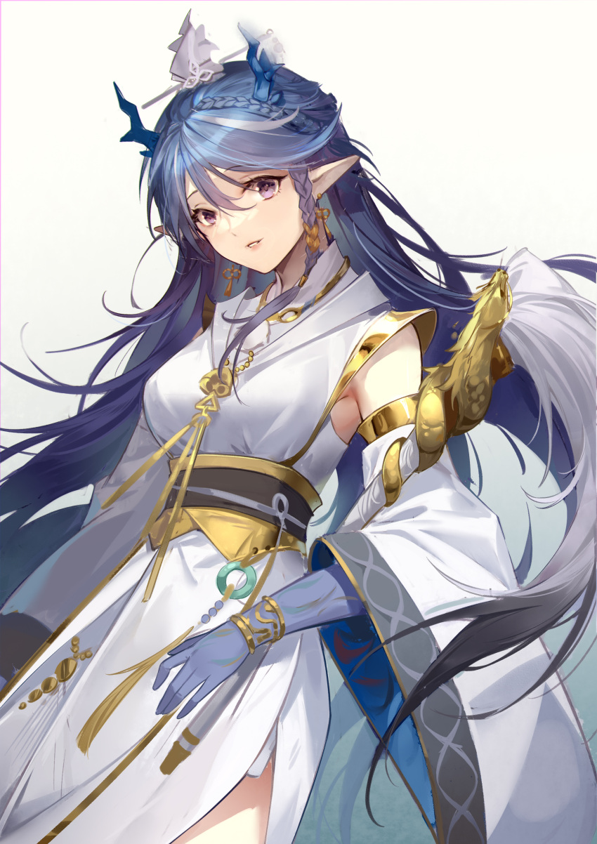 1girl, absurdres, arknights, asymmetrical_hair, bangle, blue_hair, blue_skin, bracelet