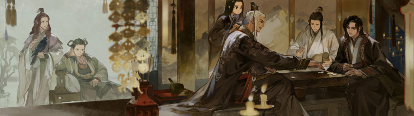 2girls, 4boys, absurdres, asen_(juuni_kokuki), bamboo_scroll, bench, bird, black_coat