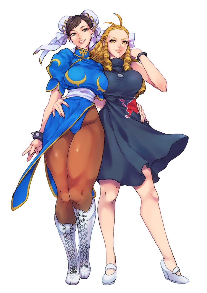 2girls, antenna_hair, arm_around_waist, black_dress, blonde_hair, blue_panties, boots, bracelet, breasts, brown_hair, brown_pantyhose, bun_cover, china_dress, chinese_clothes, chun-li, clothing_aside, commentary_request, commission, cross-laced_footwear, double_bun, dress, earrings, fingernails, full_body, hair_bun, height_difference, highres, implied_yuri, jewelry, kanzuki_karin, lace-up_boots, large_breasts, long_hair, multiple_girls, narrow_waist, necklace, official_alternate_costume, panties, panties_over_pantyhose, pantyhose, pelvic_curtain, pelvic_curtain_aside, product_placement, puffy_short_sleeves, puffy_sleeves, red_bull, ringlets, second-party_source, short_hair, short_sleeves, skeb_commission, sleeveless, sleeveless_dress, spiked_bracelet, spikes, street_fighter, street_fighter_v, teko_(tawake), thick_thighs, thighs, turtleneck_dress, underwear, white_background, white_footwear, yellow_eyes