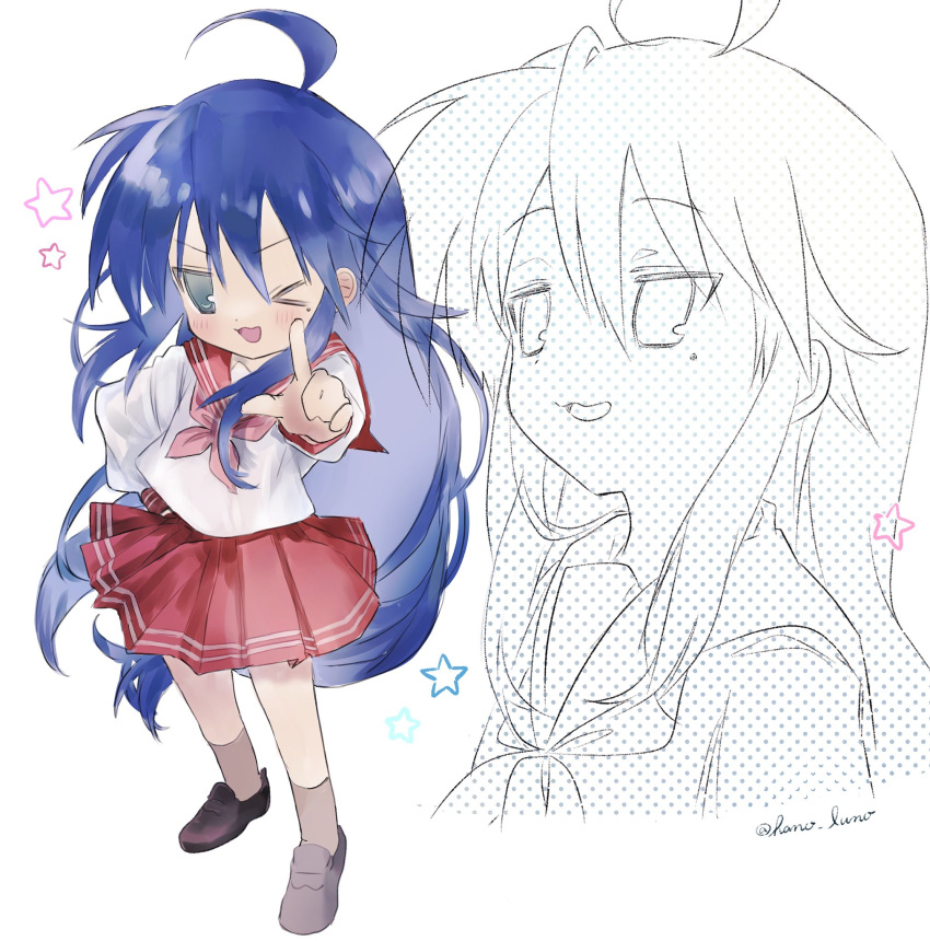 artist_name, blue_hair, blush, hair_between_eyes, hano_luno, highres, izumi_konata, lucky_star