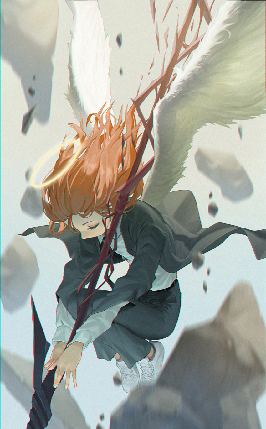 1boy, angel, angel_devil_(chainsaw_man), angel_wings, black_cat207, black_jacket, black_necktie, black_pants, chainsaw_man, closed_eyes, collared_shirt, debris, feathered_wings, formal, halo, highres, holding, holding_weapon, jacket, male_focus, necktie, orange_hair, pants, shirt, shoes, sneakers, solo, suit, suit_jacket, weapon, white_footwear, white_shirt, white_wings, wings