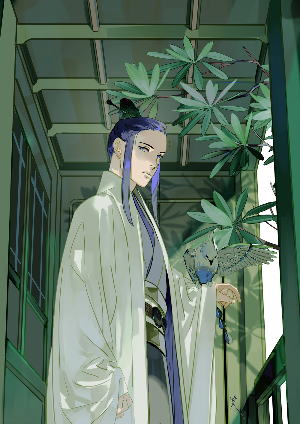 1boy, animal, balcony, bird, bird_on_hand, blue_eyes, branch, ceiling, chinese_clothes, coat, cowboy_shot, day, eishou_(juuni_kokuki), from_side, hair_ornament, hair_pulled_back, hair_stick, hanfu, highres, juuni_kokuki, long_sleeves, looking_at_viewer, male_focus, purple_hair, railing, robe, saiga_tokihito, sash, sidelocks, sideways_glance, sleeves_past_wrists, spread_wings, standing, updo, violet_eyes, white_coat, wide_sleeves, window, xiao_guan_(headdress)