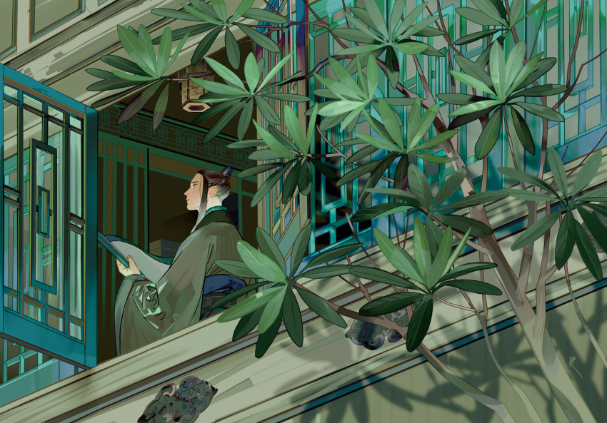 1boy, black_hair, branch, ceiling_light, chinese_clothes, day, eishou_(juuni_kokuki), from_behind, from_below, from_outside, green_robe, green_theme, hair_pulled_back, hanfu, holding, holding_scroll, juuni_kokuki, lattice, long_sleeves, looking_away, looking_up, open_window, robe, saiga_tokihito, sash, scroll, sidelocks, solo, updo, upper_body, wide_sleeves, window, xiao_guan_(headdress)