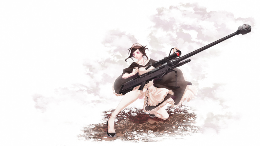 1girl, anti-materiel_rifle, bipod, bolt_action, brown_hair, combat_maid, gun, hamada_youho, highres, maid, ntw-20, original, pink_eyes, rifle, scope, short_hair, sniper_rifle, solo, weapon