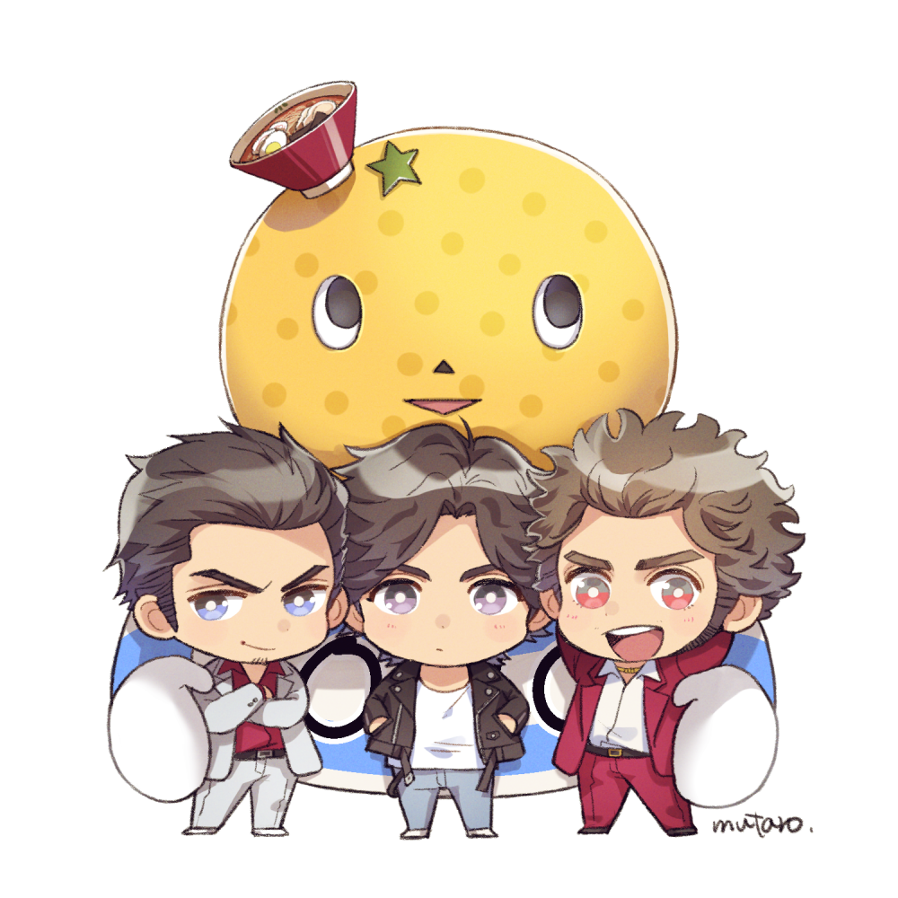 4boys, black_hair, brown_hair, chibi, costume, denim, food, formal