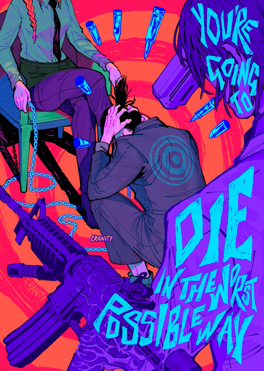 1boy, 1girl, artist_name, assault_rifle, bangs, black_necktie, blue_jacket, blue_theme, braid, braided_ponytail, bullet, chain, chainsaw_man, collared_shirt, cranity, crossed_arms, formal, gun, gun_devil_(chainsaw_man), hair_over_shoulder, hayakawa_aki, highres, holding, holding_chain, jacket, makima_(chainsaw_man), medium_hair, necktie, redhead, rifle, shirt, shirt_tucked_in, short_hair, sitting, spiral, squatting, suit, suit_jacket, target, topknot, weapon, white_shirt