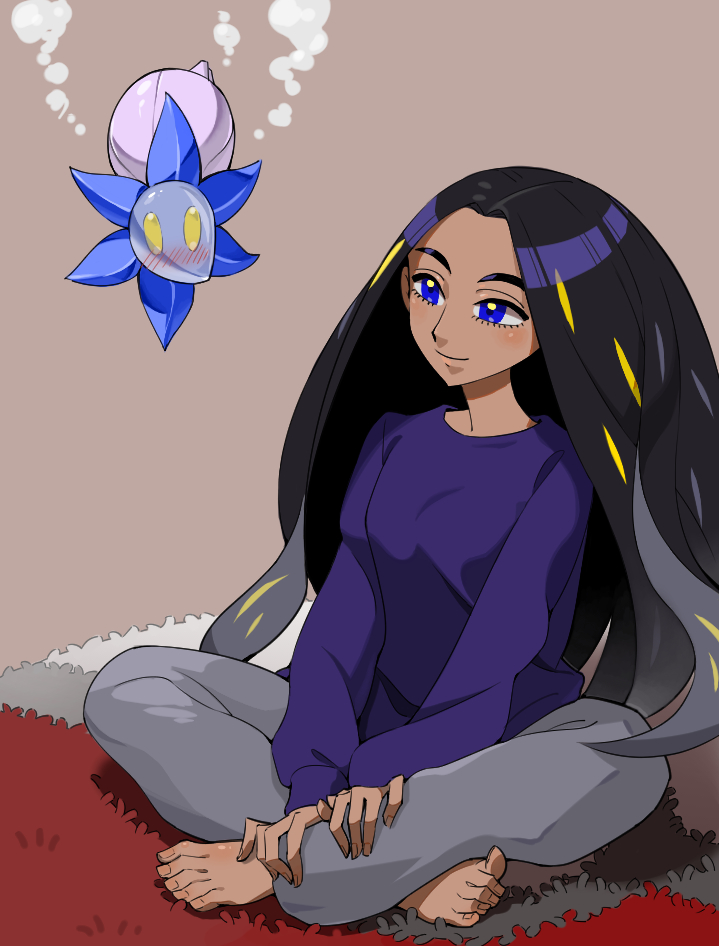 1girl, alternate_costume, barefoot, black_hair, blue_eyes, blush, closed_mouth, commentary_request, dark-skinned_female, dark_skin, eyelashes, geeta_(pokemon), glimmet, grey_pants, long_hair, long_sleeves, mon!_(monmonlezard), pants, pokemon, pokemon_(creature), pokemon_(game), pokemon_sv, purple_shirt, shirt, sitting, smile, toes, yellow_eyes
