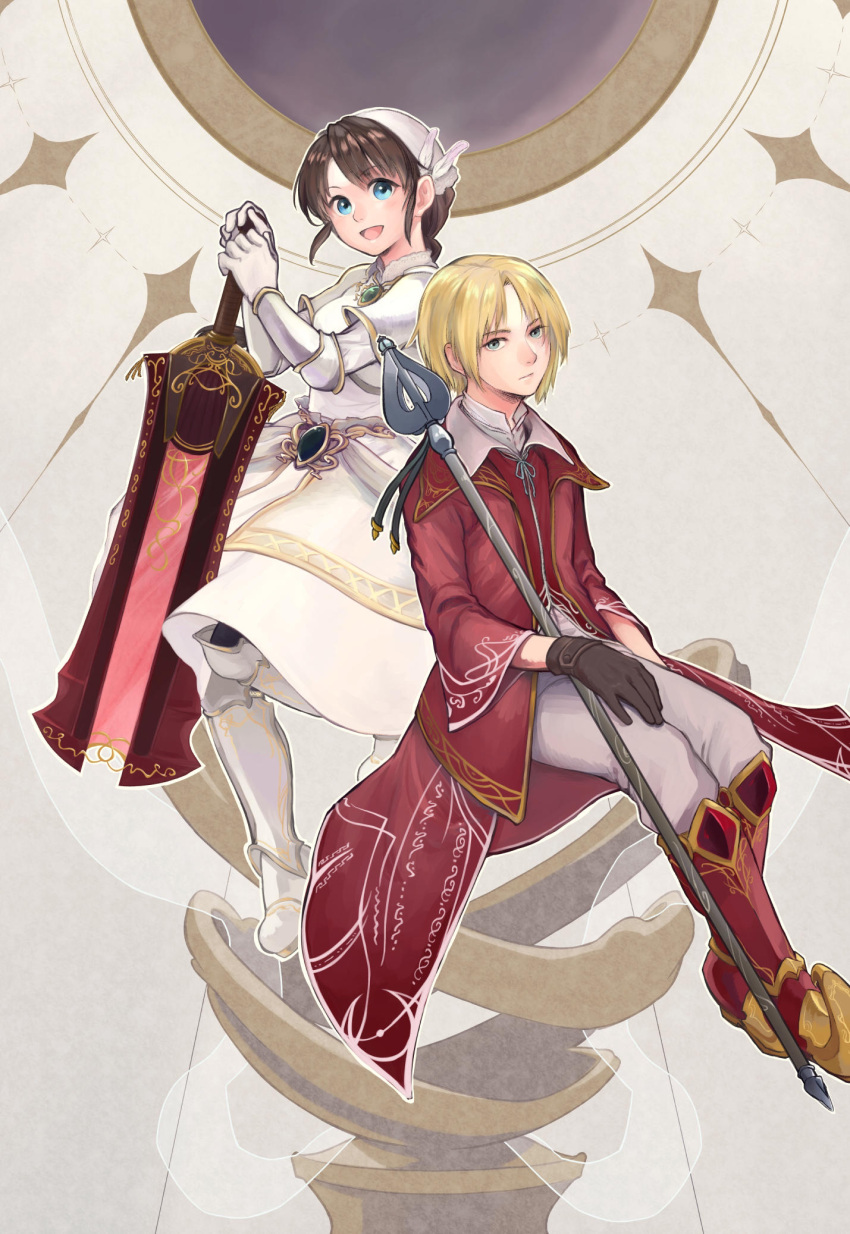 1boy, 1girl, :d, armor, blonde_hair, blue_eyes, brown_gloves, closed_mouth