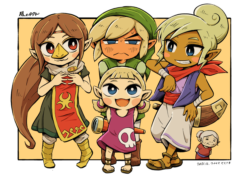 1boy, 4girls, absurdres, aryll, bandana, blonde_hair, blue_eyes, blush_stickers