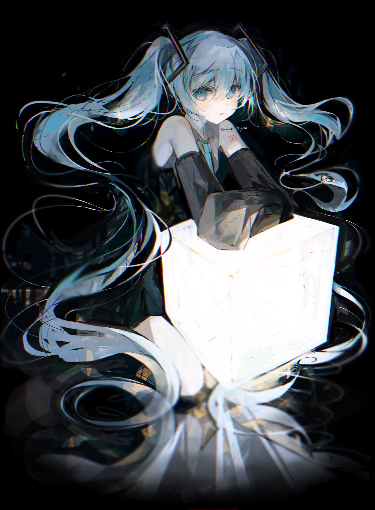 1girl, aqua_eyes, aqua_hair, black_background, black_skirt, black_wrist_cuffs, blue_necktie, collared_shirt, cube, grey_shirt, hatsune_miku, highres, irodori_warabi, long_hair, looking_at_viewer, miku_day, necktie, shirt, skirt, sleeveless, sleeveless_shirt, twintails, vocaloid, wrist_cuffs