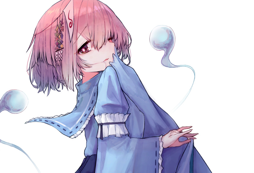 1girl, bangs, black_ribbon, blue_kimono, blue_sash, fingernails, frilled_kimono, frilled_sleeves