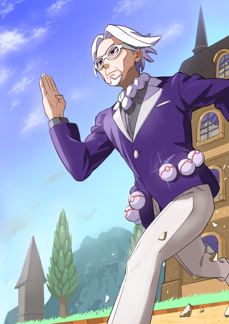 1boy, building, clavell_(pokemon), clouds, commentary_request, day, facial_hair, glasses