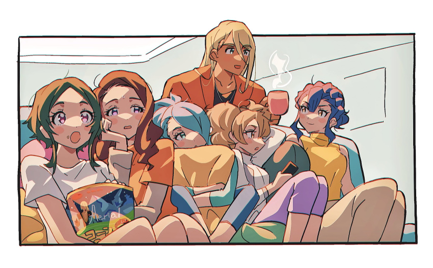 1boy, 5girls, bangs, bare_shoulders, blonde_hair, blue_hair, blush, border