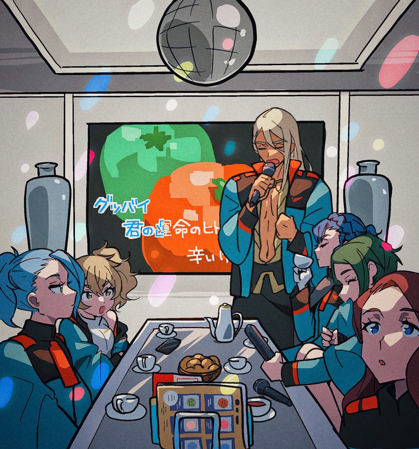 1boy, 5girls, asticassia_school_uniform, blonde_hair, blue_eyes, blue_hair, blue_jacket, braid