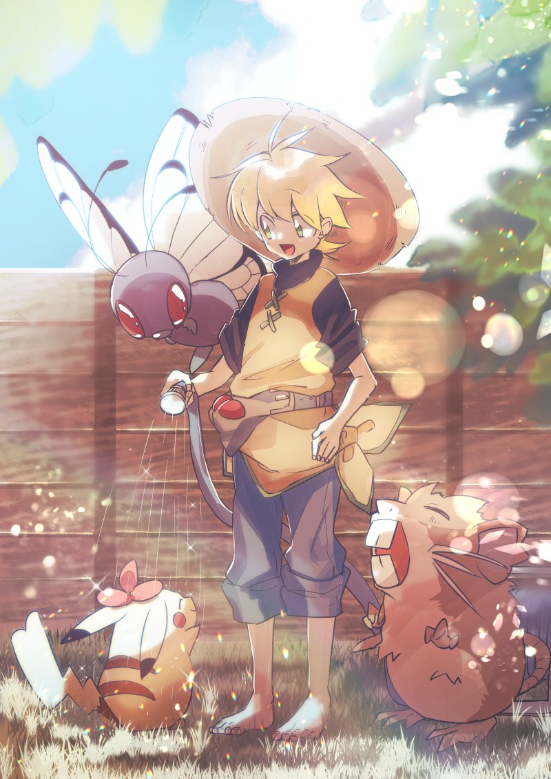 1girl, :d, bangs, barefoot, belt, blonde_hair, butterfree, commentary_request